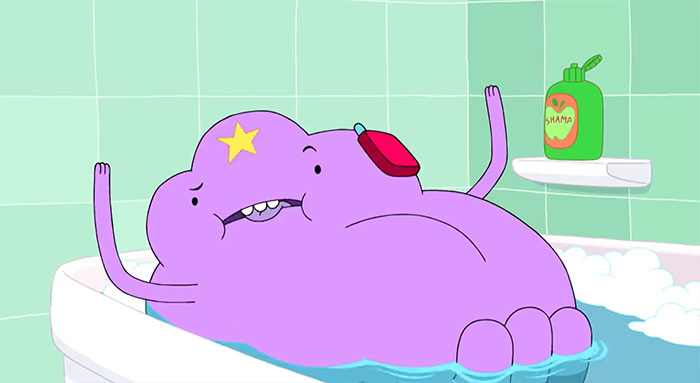 Lumpy Space Princess from Adventure Time relaxing in the bath while talking on the phone with a playful expression.