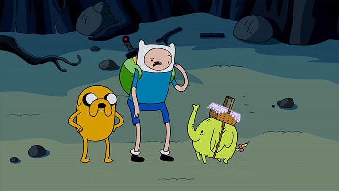 Finn the Human and Tree Trunks talking in a cave scene from Adventure Time featuring wacky and profound quotes.