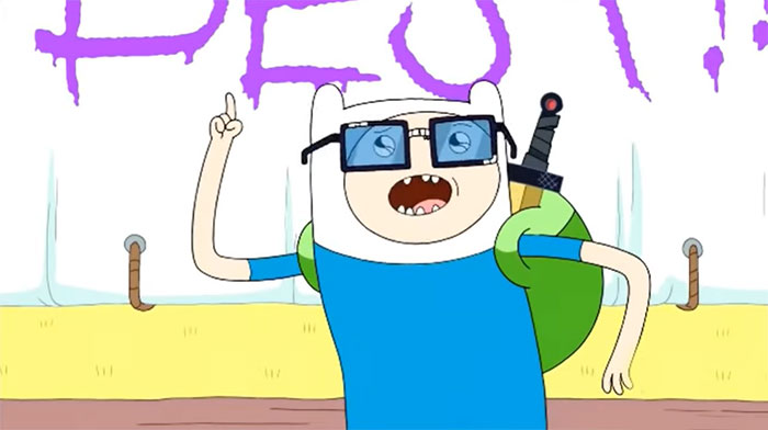 Finn the Human from Adventure Time looking motivated with glasses, backpack, and sword ready for adventure quotes.