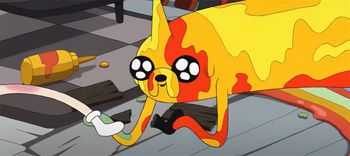 Jake the Dog covered in barbecue and mustard sauces in a chaotic scene, showcasing Adventure Time quotes wackiness.