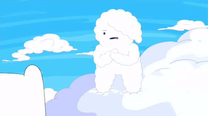 Cloud character Carroll standing among clouds in the sky, inspired by Adventure Time quotes with a wacky and profound feel.