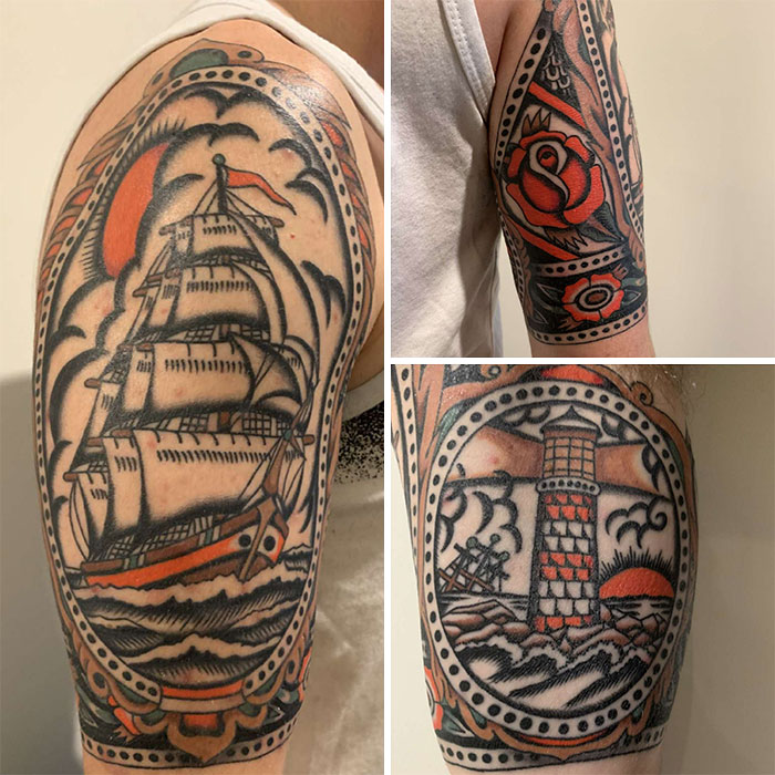Collage of American traditional tattoos featuring a ship, rose, and lighthouse with bold colors and detailed designs.