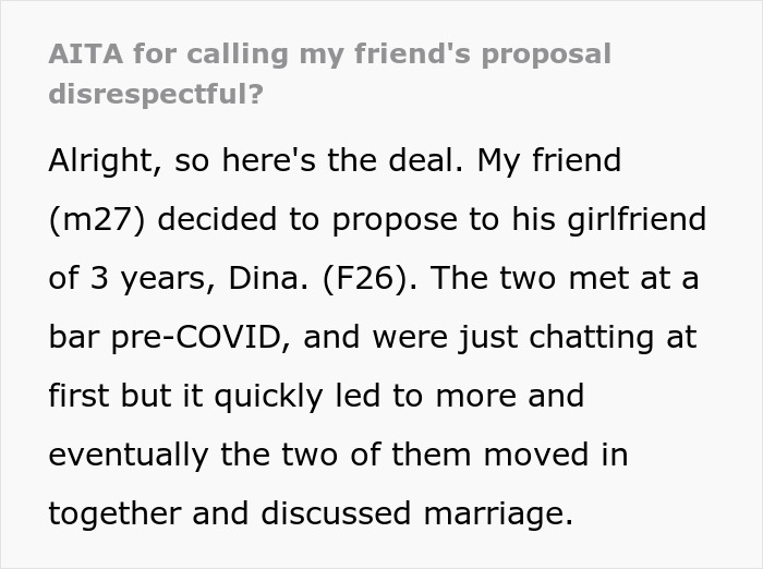 This Man’s Marriage Proposal Gets Rejected By His Girlfriend And Gets Called ‘Disrespectful’ By His Friend, So He Calls His Friend A Jerk For Saying So This Man’s Marriage Proposal Gets Rejected By His Girlfriend And Gets Called ‘Disrespectful’ By His Friend, So He Calls His Friend A Jerk For Saying So