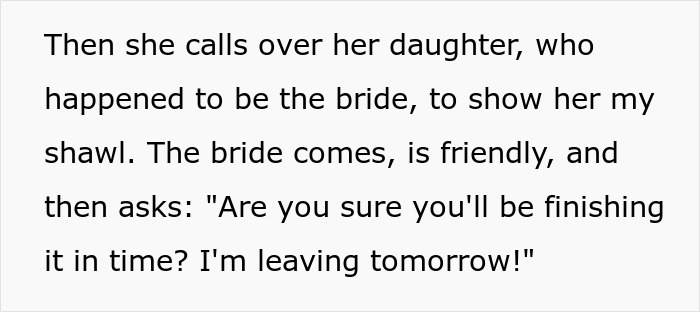 Random Hotel Guest Knits Shawl In The Lobby, A Bride Enters And Demands It As A Wedding Present