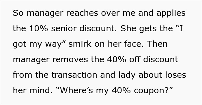 “Where’s My 40% Coupon?”: People Are Cracking Up At This Story About A Karen Who Demanded To Have Her 10% Senior Discount Instead Of 40% Coupon “Where’s My 40% Coupon?”: People Are Cracking Up At This Story About A Karen Who Demanded To Have Her 10% Senior Discount Instead Of 40% Coupon