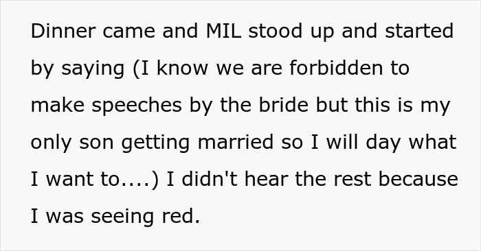 Bride Furious With MIL For Going Against The ‘No Speech’ Rule At Wedding And Ignores Her, Drama Ensues Bride Furious With MIL For Going Against The ‘No Speech’ Rule At Wedding And Ignores Her, Drama Ensues