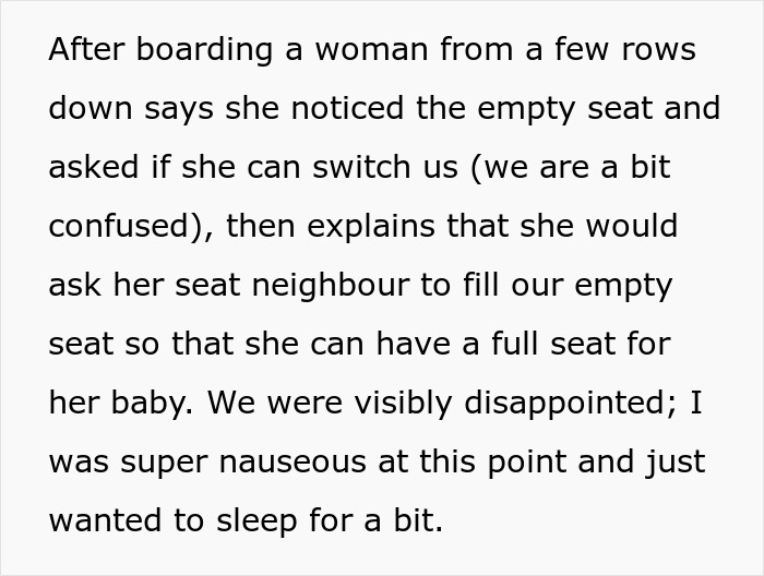 Exhausted Passenger Is Upset About Having To Give Up Their Middle Seat To A Mother Traveling With A Baby