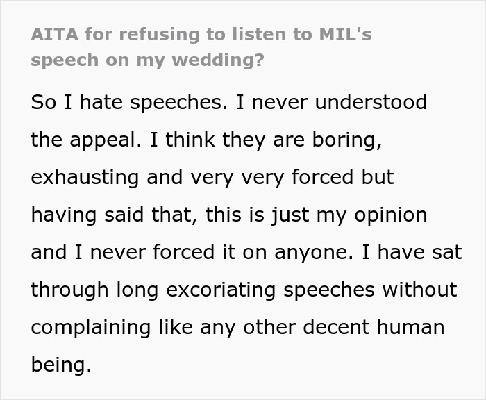 Bride Furious With MIL For Going Against The ‘No Speech’ Rule At Wedding And Ignores Her, Drama Ensues Bride Furious With MIL For Going Against The ‘No Speech’ Rule At Wedding And Ignores Her, Drama Ensues