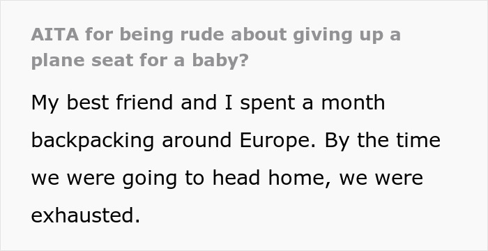 Exhausted Passenger Is Upset About Having To Give Up Their Middle Seat To A Mother Traveling With A Baby