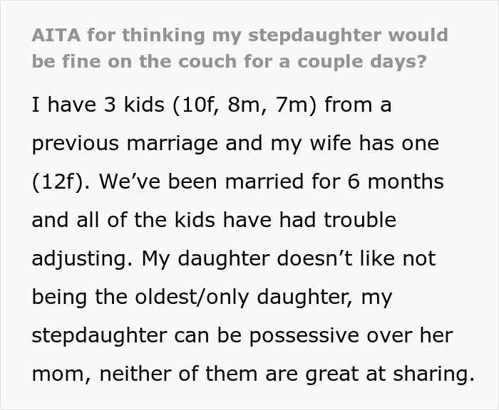 Mom Can't Believe Her Husband Suggested Her Daughter Sleep On The Couch, While His Daughter Gets A Whole Room To Herself