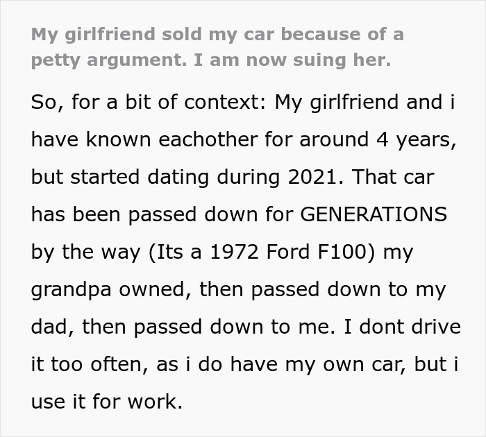 Guy Finds Out GF Secretly Sold The Car That Was In His Family For Generations, Dumps Her, Sues Her, And Gets His Car Back