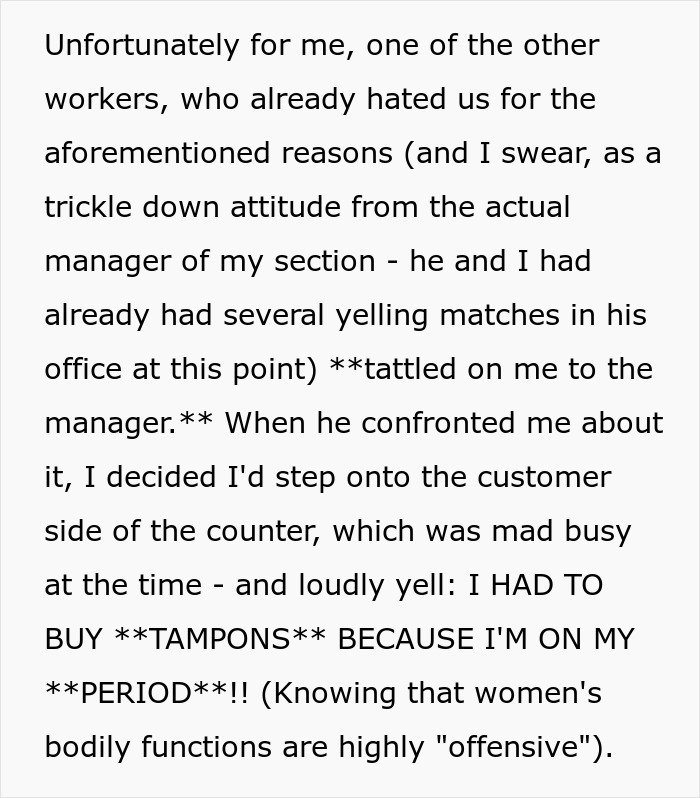 "I Had To Buy Tampons Because I'm On My Period": Woman Quits Immediately After Rude Coworker Tattles On Her