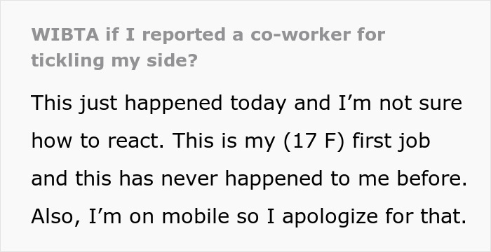 Older Male Tickles His 17 Y.O. Coworker, She Asks For Guidance Online Older Male Tickles His 17 Y.O. Coworker, She Asks For Guidance Online