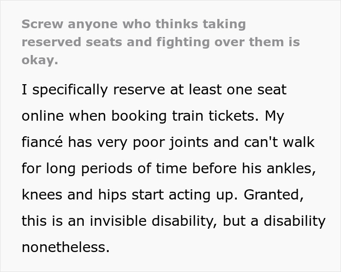 Person Couldn&rsquo;t Boot A Guy On The Train From The Seat Reserved For Their Disabled Fianc&eacute;, Vents Online