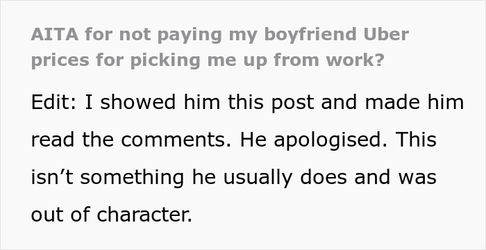Boyfriend Demands To Be Paid The Same As Uber For Picking Girlfriend Up From Work, And The Woman Is Perplexed