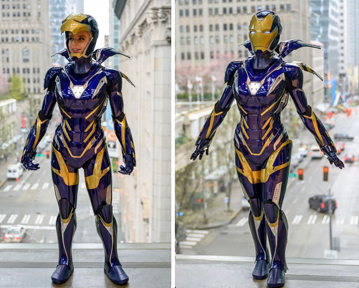 Person cosplaying Pepper Potts' Mk49 with rescue armor