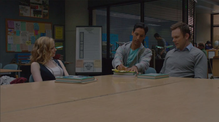 Abed Jeff and Britta sitting and talking from Community pilot