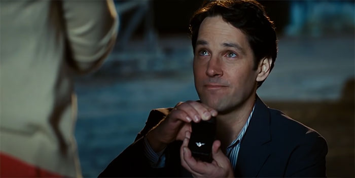Scene from I Love You Man showing a man proposing, highlighting romance in the best wedding movies ever made.