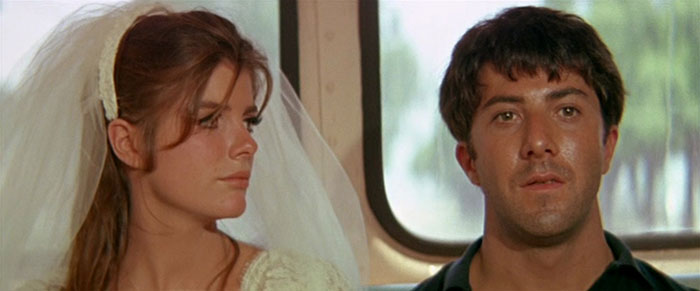 Scene from The Graduate featuring a bride and groom, a classic wedding movie celebrated for love and romance.