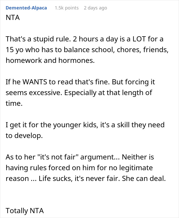 Divorced Dad Won’t Uphold Mom’s “Reading Rule” On 15 Y.O. Teen, Gets Blamed When The Teen Wants To Move Out From Mom’s And In With Dad Divorced Dad Won’t Uphold Mom’s “Reading Rule” On 15 Y.O. Teen, Gets Blamed When The Teen Wants To Move Out From Mom’s And In With Dad