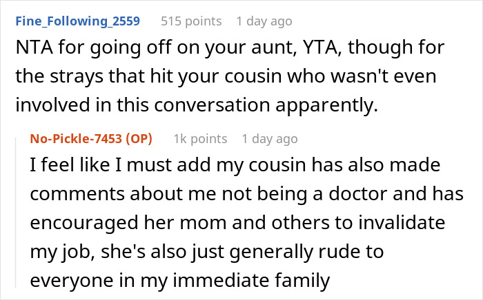 Plastic Surgeon Has Enough Of Aunt Bashing Her Profession And Idolizing Her Nurse Daughter, Viciously Mocks Both Of Them