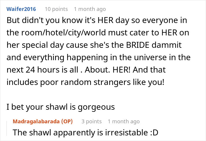 Random Hotel Guest Knits Shawl In The Lobby, A Bride Enters And Demands It As A Wedding Present