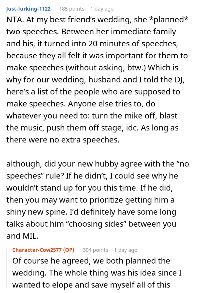 Bride Furious With MIL For Going Against The ‘No Speech’ Rule At Wedding And Ignores Her, Drama Ensues Bride Furious With MIL For Going Against The ‘No Speech’ Rule At Wedding And Ignores Her, Drama Ensues
