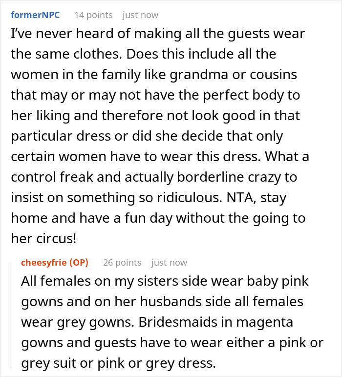 Family Drama Ensues As This Woman Decides Not To Attend Her Sister’s Wedding, Not Willing To Comply With The Strict Dress Code She Dislikes Family Drama Ensues As This Woman Decides Not To Attend Her Sister’s Wedding, Not Willing To Comply With The Strict Dress Code She Dislikes