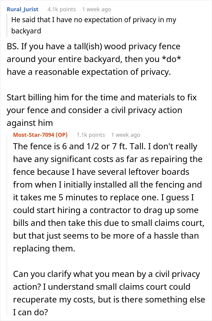 “A Neighbor Keeps Drilling Holes Into A Shared Fence So He Can Stare At My Wife” “A Neighbor Keeps Drilling Holes Into A Shared Fence So He Can Stare At My Wife”