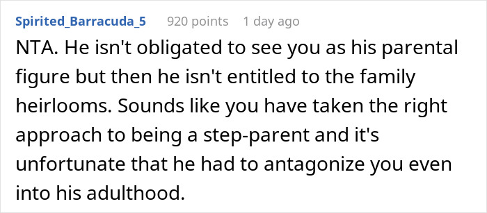 Jerk Stepson Treats Stepmom Like "Vermin" For 20 Odd Years, Shocked When She Won't Pass Family Heirloom To Him