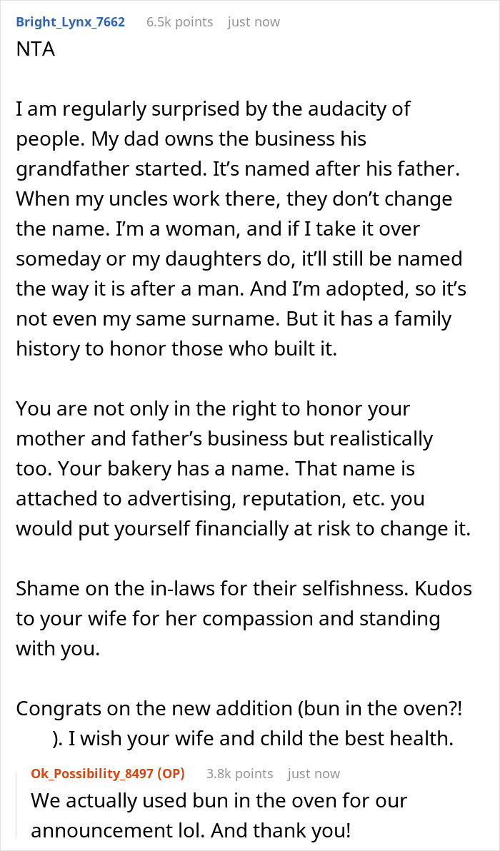 This Guy Was Named After His Late Parents' Bakery, So He Flatly Refuses To Rename It On MIL's Persistent Demands