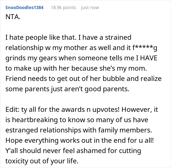 Friend Thinks Woman’s Abusive Mother Can Be Excused Because “It’s Hard Being A Parent,” So She Compares Her To Her Ex To Open Her Eyes Friend Thinks Woman’s Abusive Mother Can Be Excused Because “It’s Hard Being A Parent,” So She Compares Her To Her Ex To Open Her Eyes
