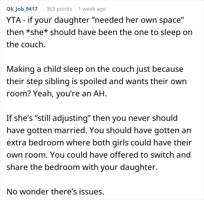 Mom Can't Believe Her Husband Suggested Her Daughter Sleep On The Couch, While His Daughter Gets A Whole Room To Herself