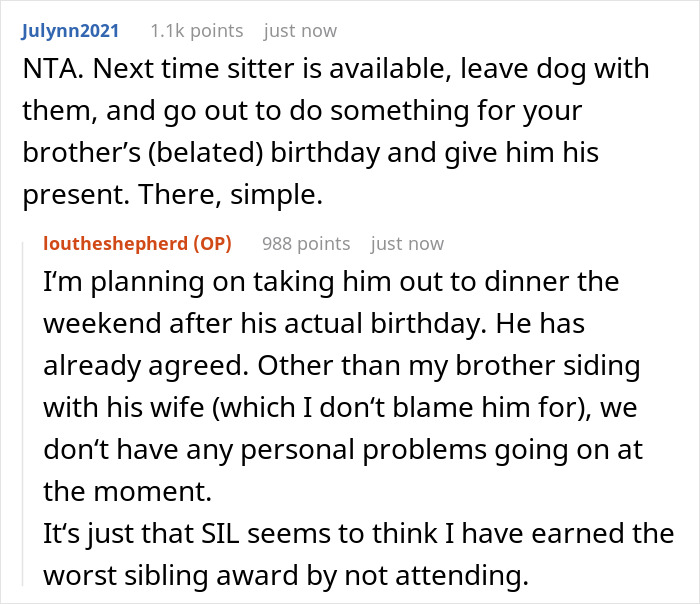 Woman Asks If It’d Be A Jerk Move To Miss Her Brother’s 40th Birthday Because They Banned Her “Aggressive” German Shepherd From Their House Woman Asks If It’d Be A Jerk Move To Miss Her Brother’s 40th Birthday Because They Banned Her “Aggressive” German Shepherd From Their House