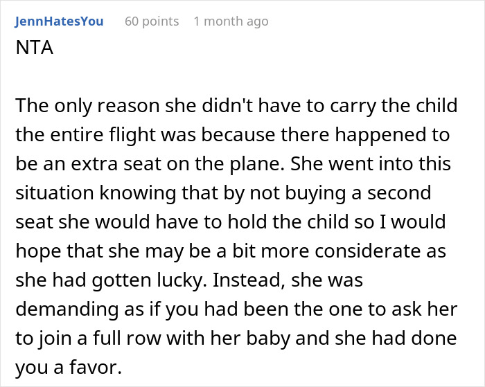 Exhausted Passenger Is Upset About Having To Give Up Their Middle Seat To A Mother Traveling With A Baby
