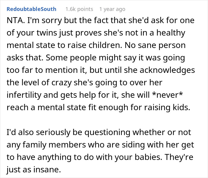Woman Asks The Internet If She's A Jerk For Refusing To Let Her Sister Adopt One Of Her Twins Once They're Born Woman Asks The Internet If She's A Jerk For Refusing To Let Her Sister Adopt One Of Her Twins Once They're Born