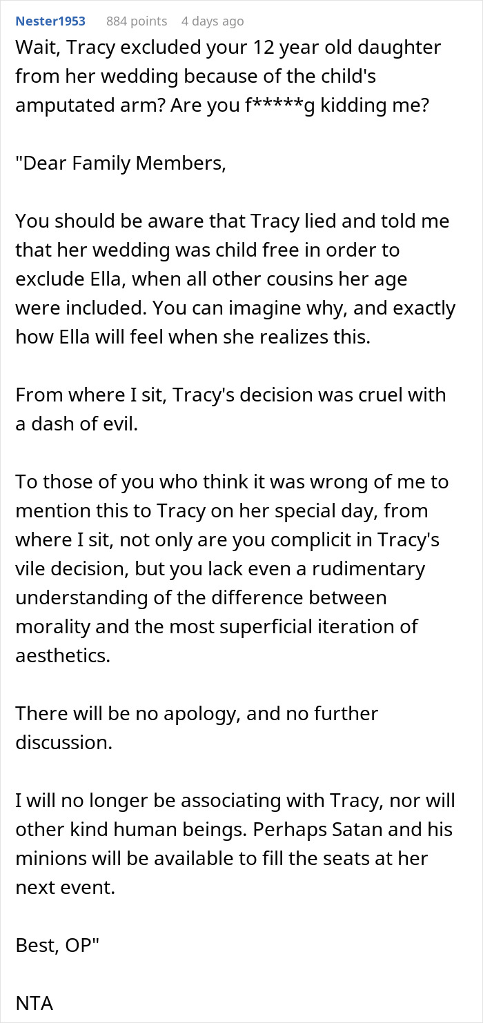 Man Condemns Sister For Excluding His Amputee Daughter From Allegedly ‘Child-Free’ Wedding Man Condemns Sister For Excluding His Amputee Daughter From Allegedly ‘Child-Free’ Wedding