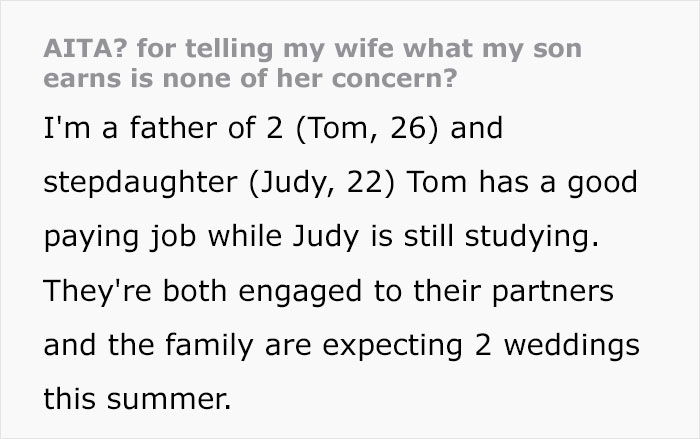 "It's Absurd": Dad Refuses To Ask Son To Fund Stepdaughter's Wedding, Family Drama Ensues "It's Absurd": Dad Refuses To Ask Son To Fund Stepdaughter's Wedding, Family Drama Ensues