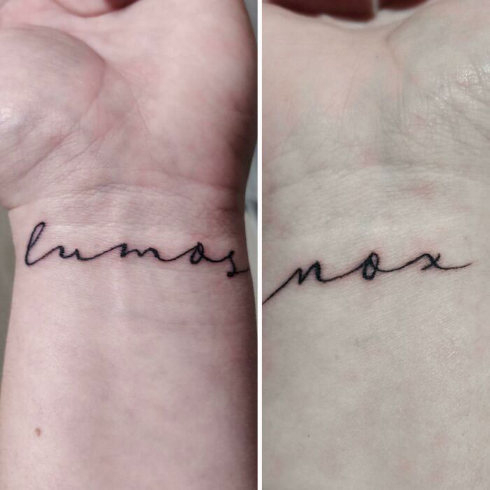 "Elegant wrist tattoos with 'lumos' and 'nox' script."
