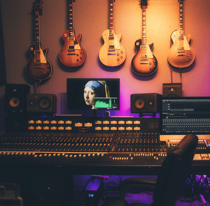 five guitars hanging on the wall near the music equipment