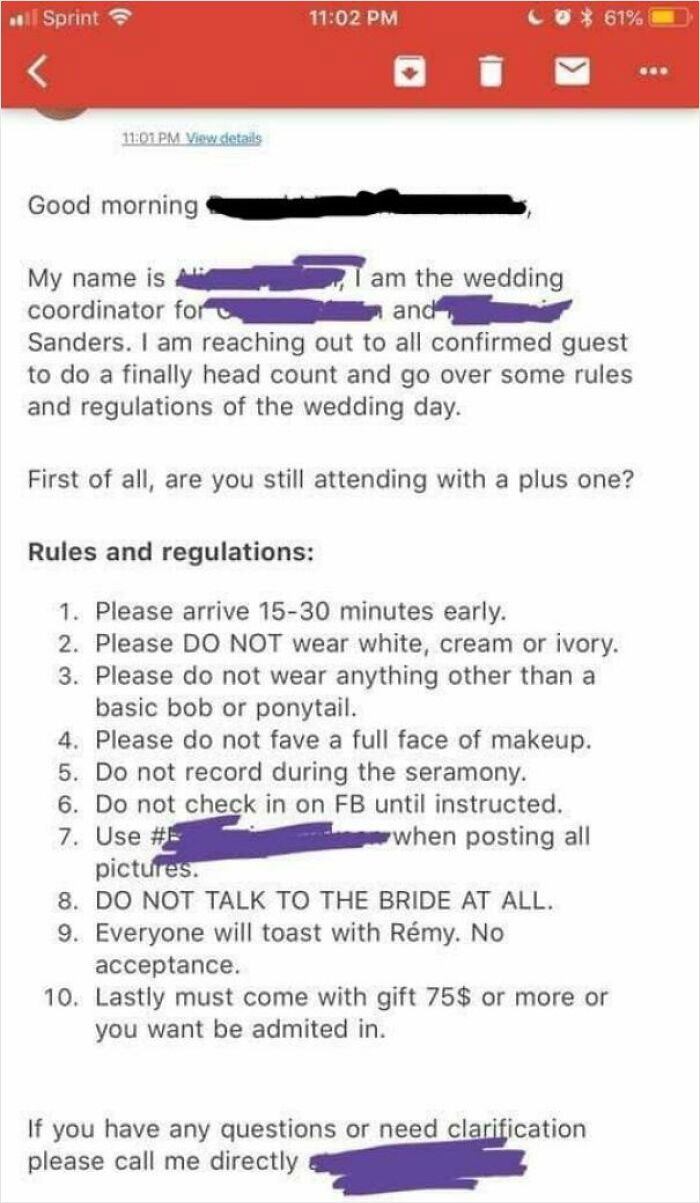 Kindly Refrain From Upstaging The Bride On Her Big Day — Oh, And No Admission Without A Gift Of $75 Or More