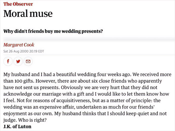 Basically: “We Received Over 100 Gifts For Our Wedding....why Didn’t I Get More?”