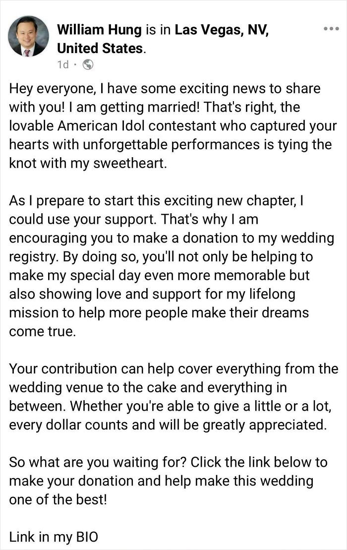 American Idol Singer Famous For His Rendition Of “She Bangs” Wants You To Pay For His Wedding