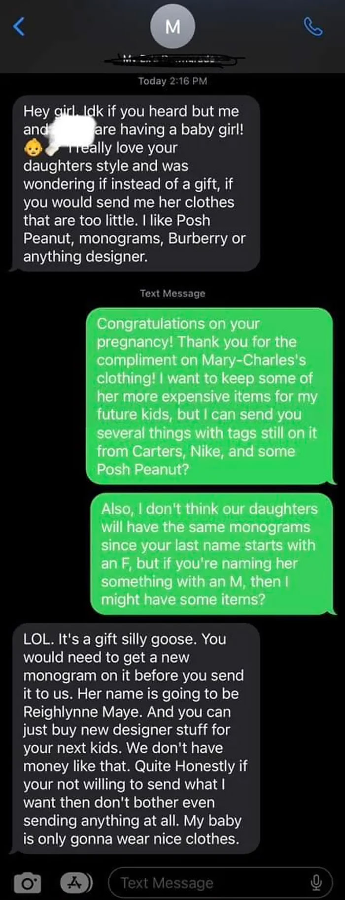 Asking Her Partner’s Ex-Wife For Her Child’s Designer Clothes, Proceeds To Call Her A Silly Goose And Throw A Strop When She Doesn’t Get What She Wants