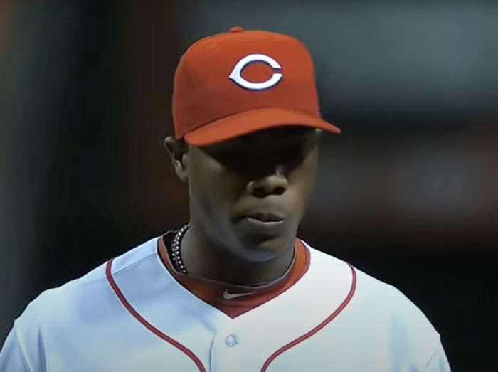 Aroldis Chapman in a red cap
