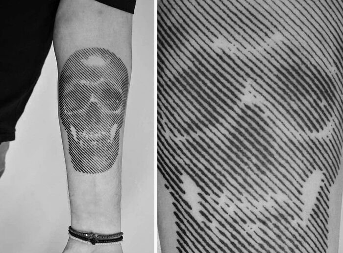 Optical illusion tattoo of a skull in striped lines on forearm, showcasing a mind-bending design.