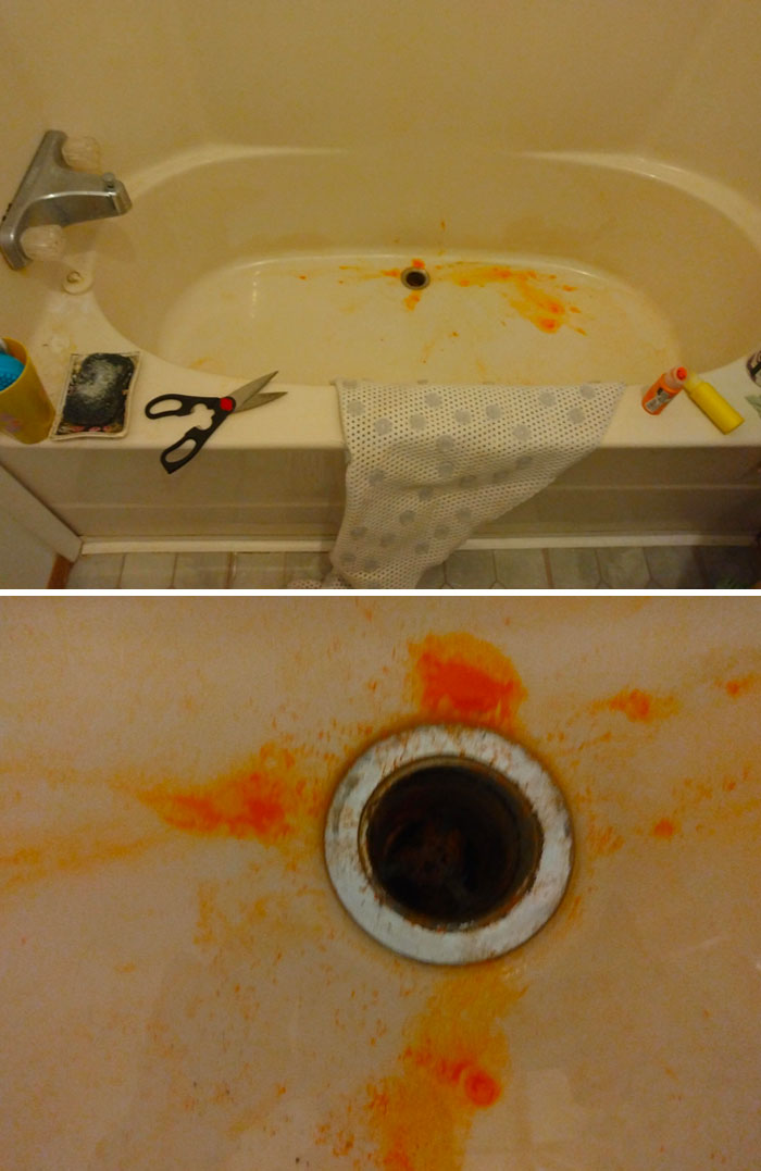 Sister Made "Potions" That Won't Come Out On Our Deep-Cleaned Tub. She Used Paint And Locks Of Her Own Hair, And A Touch Of Cooking Oil