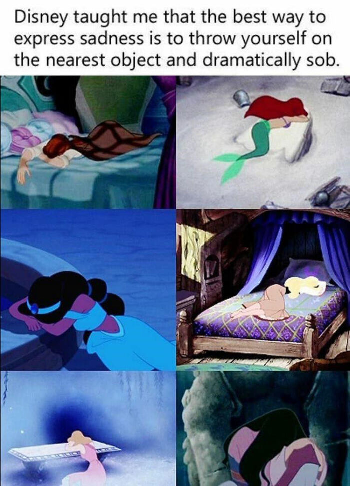 Disney memes depicting characters dramatically expressing sadness by throwing themselves on various objects.