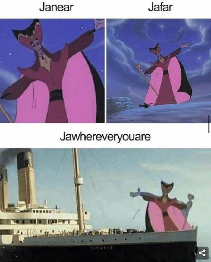 Disney meme featuring Jafar humorously posed on a ship, parodying song lyrics with text variations.