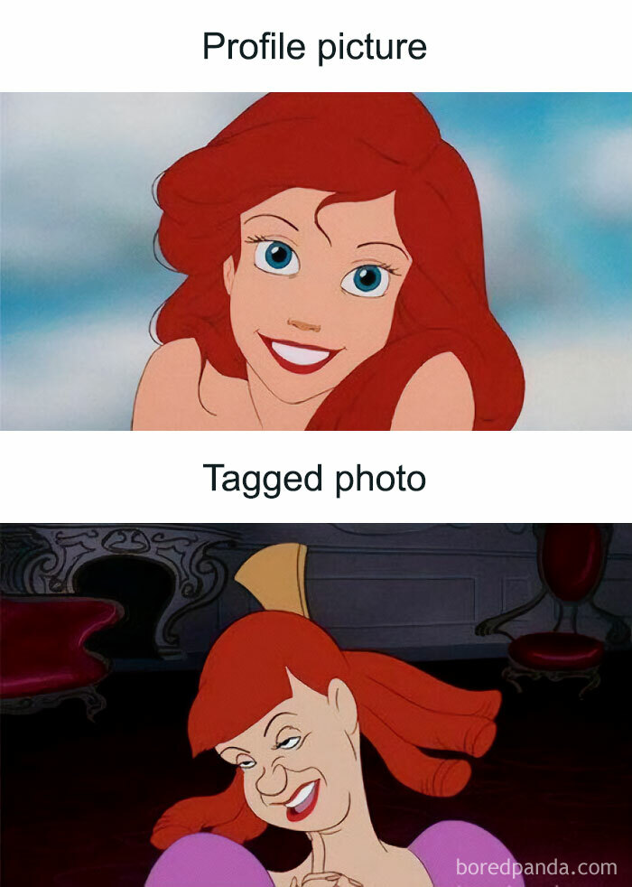 Disney meme showing profile picture vs. tagged photo with two contrasting character images.